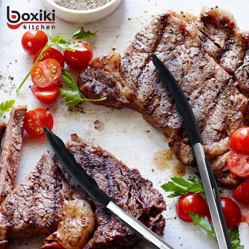 Boxiki Kitchen Kitchen Tongs for Cooking with Silicone Tips by Boxiki Kitchen, BPA Free Stainless Steel set of 2 Silicone Tongs for Cooking, Grilling & Toss a Salad, Heat Resistant Grill Tongs for Serving Food. - Image 5